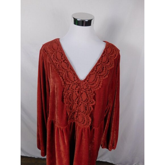 Rusttydustty Dress Womens 2XL Rust Velvet Boho Lace Trim Long Sleeve V Neck - Picture 7 of 11